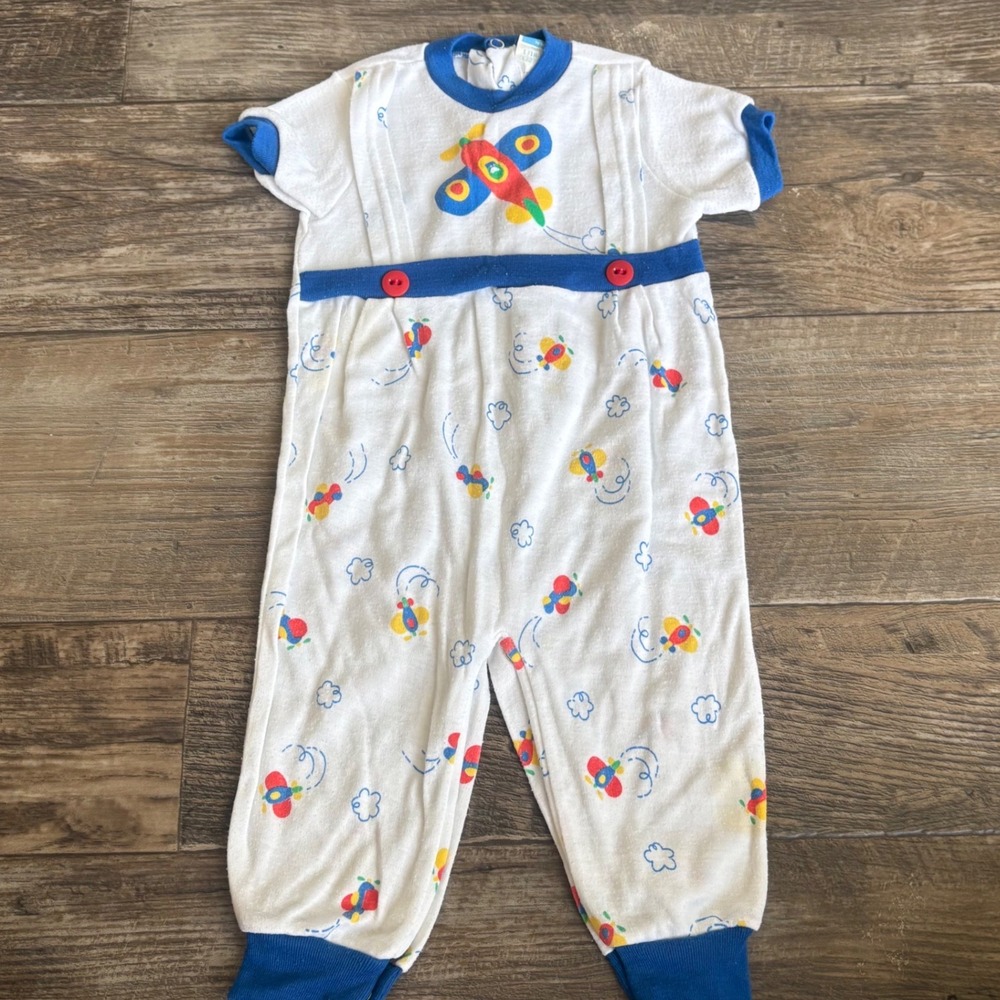 Vintage Little Me Baby Airplane Romper One Piece Sleeper Blue USA 18 months? L